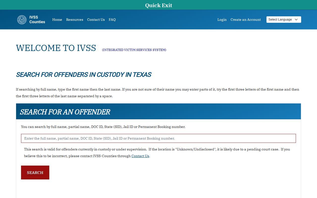 Bee County IVSS inmate search and release notification screen