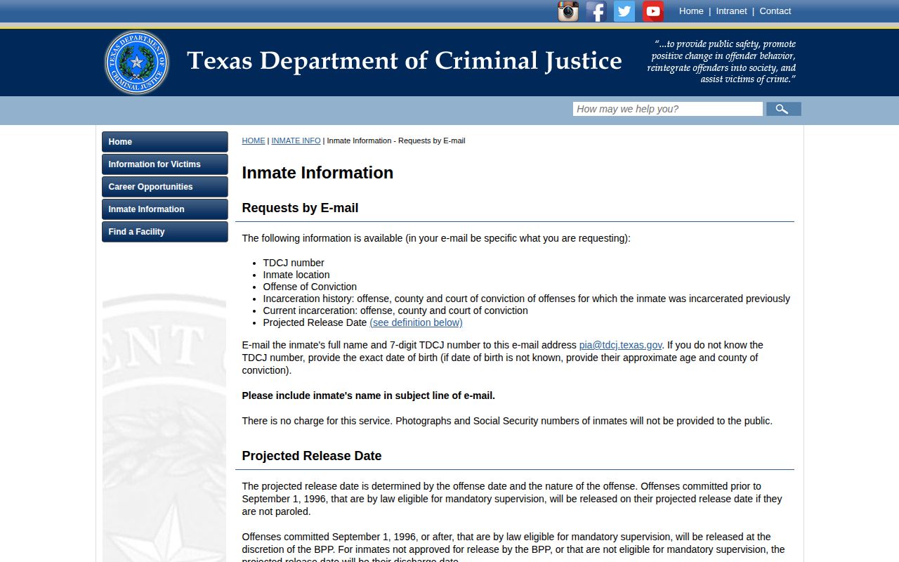 Official TDCJ projected release date definition for Bee County inmates