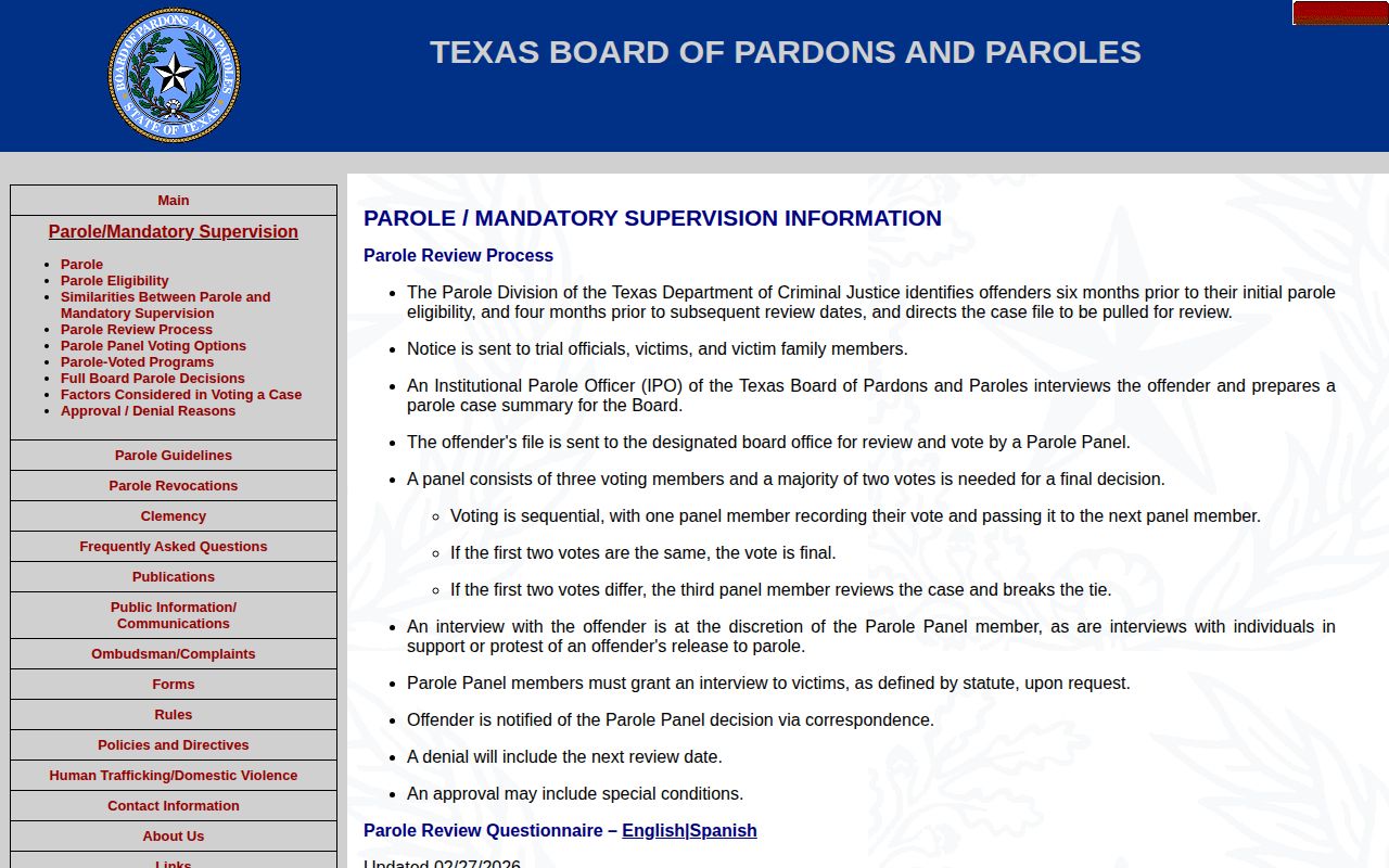 Bee County parole review and post-release supervision process