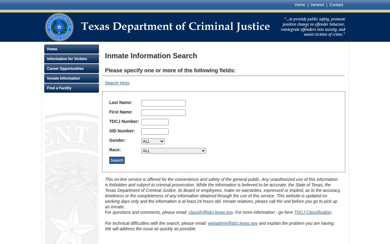 TDCJ search form for Bee County state custody